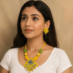 Yellow-Green Tribal Embroidered Necklace Set