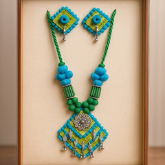 Vibrant Green & Blue Thread Necklace Set with Oxidized Charm