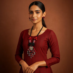 Royal Red & Black Handmade Thread Necklace Set with Floral Pendant