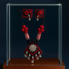Royal Red & Black Handmade Thread Necklace Set with Floral Pendant