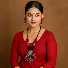 Royal Red & Black Handmade Thread Necklace Set with Floral Pendant