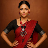 Royal Red & Black Handmade Thread Necklace Set with Floral Pendant