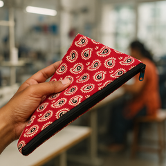 Crimson Paisley Handloom Fabric Zipper Pouch (1 Pcs)