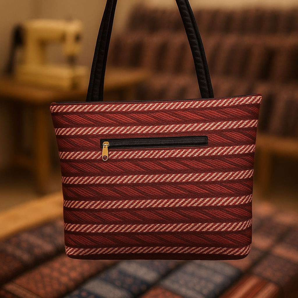 Rust Red Handloom Tote Bag – Striped Fabric Shoulder Bag for Women