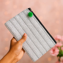 Silver Striped Jute Zipper Pouch