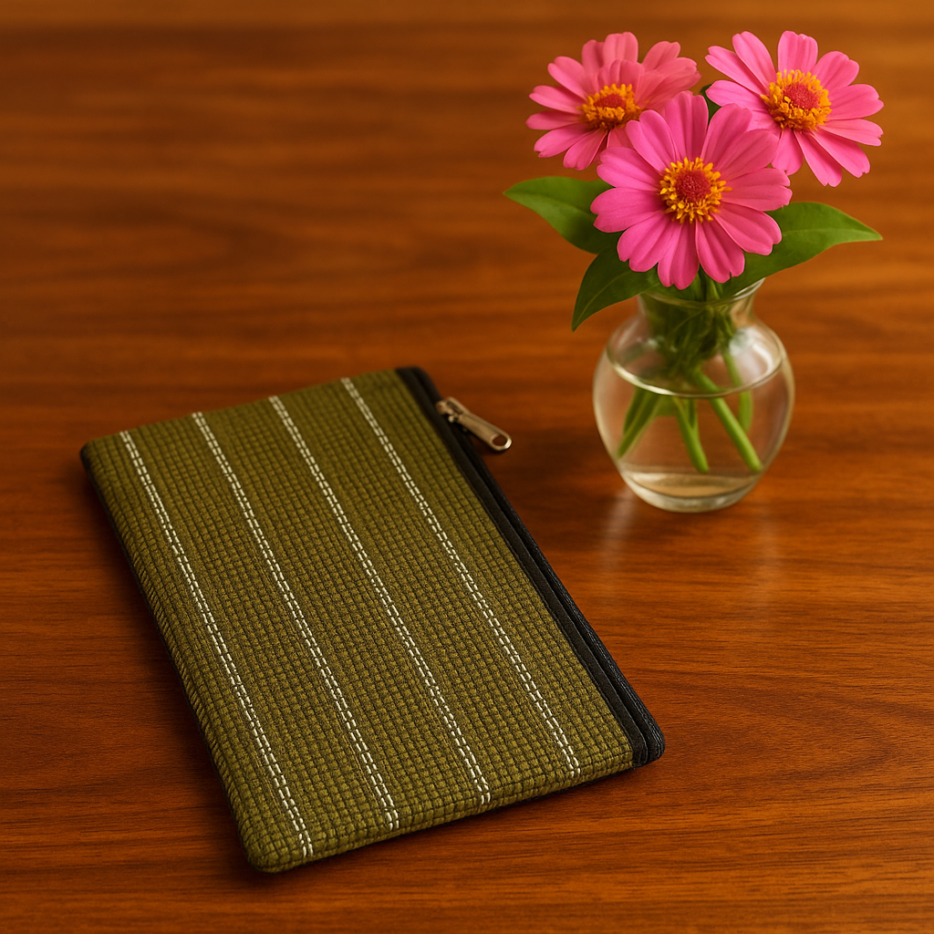 Olive Stripe Jute Zipper Pouch