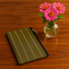 Olive Stripe Jute Zipper Pouch