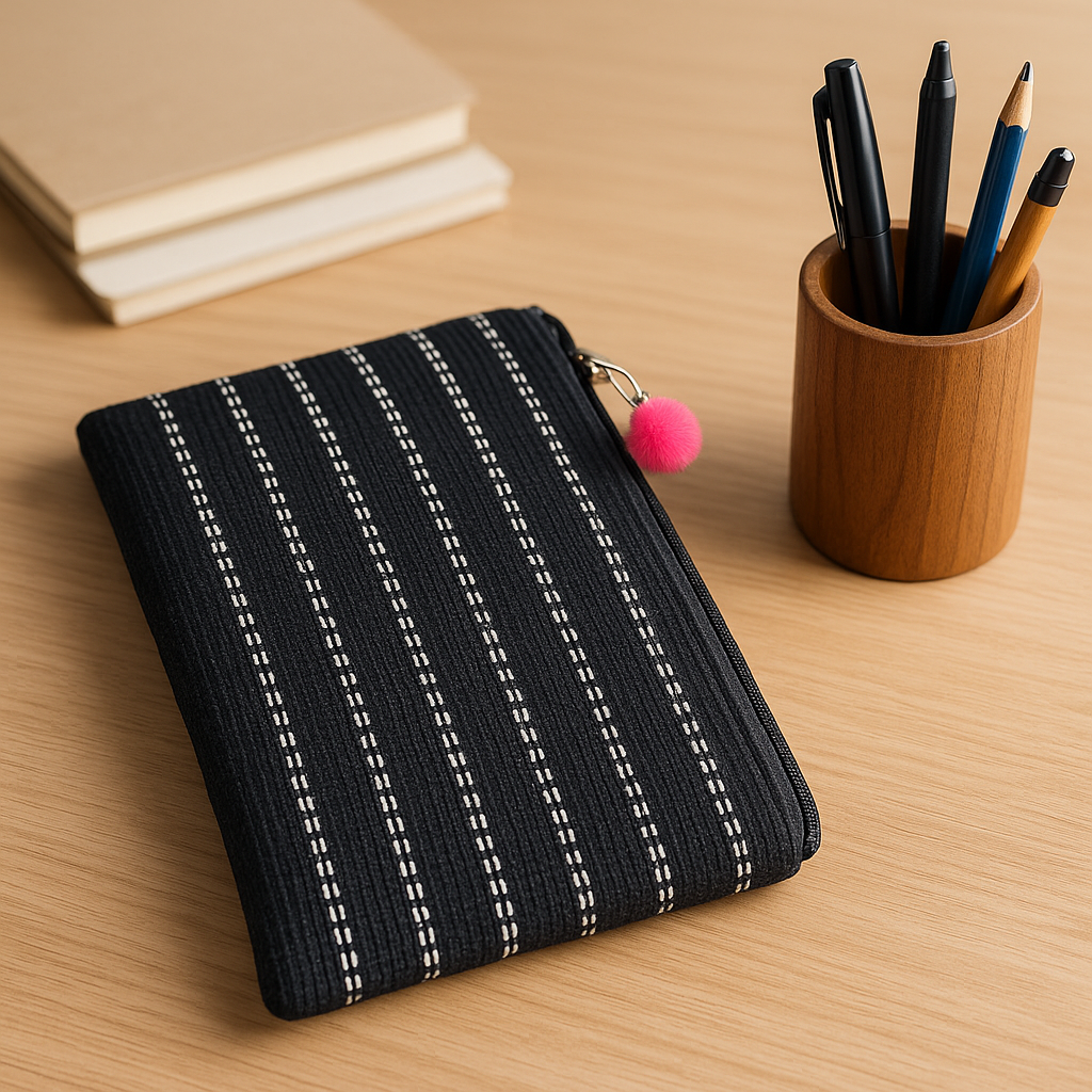 Black Stripe Jute Zipper Pouch