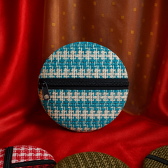 Aqua White Round Jute Zipper Pouch