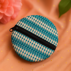 Aqua White Round Jute Zipper Pouch