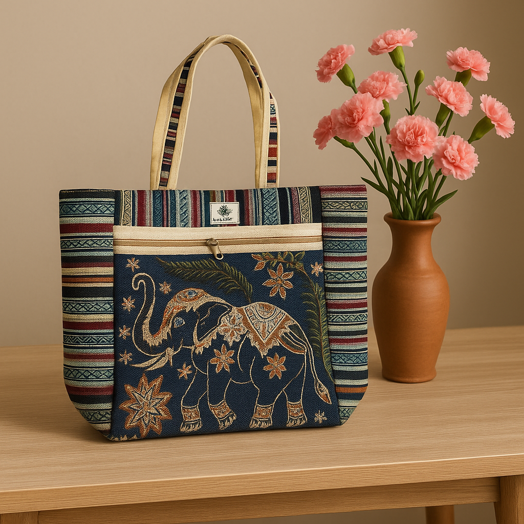 Ethnic Elephant Embroidered Jute Tote Bag
