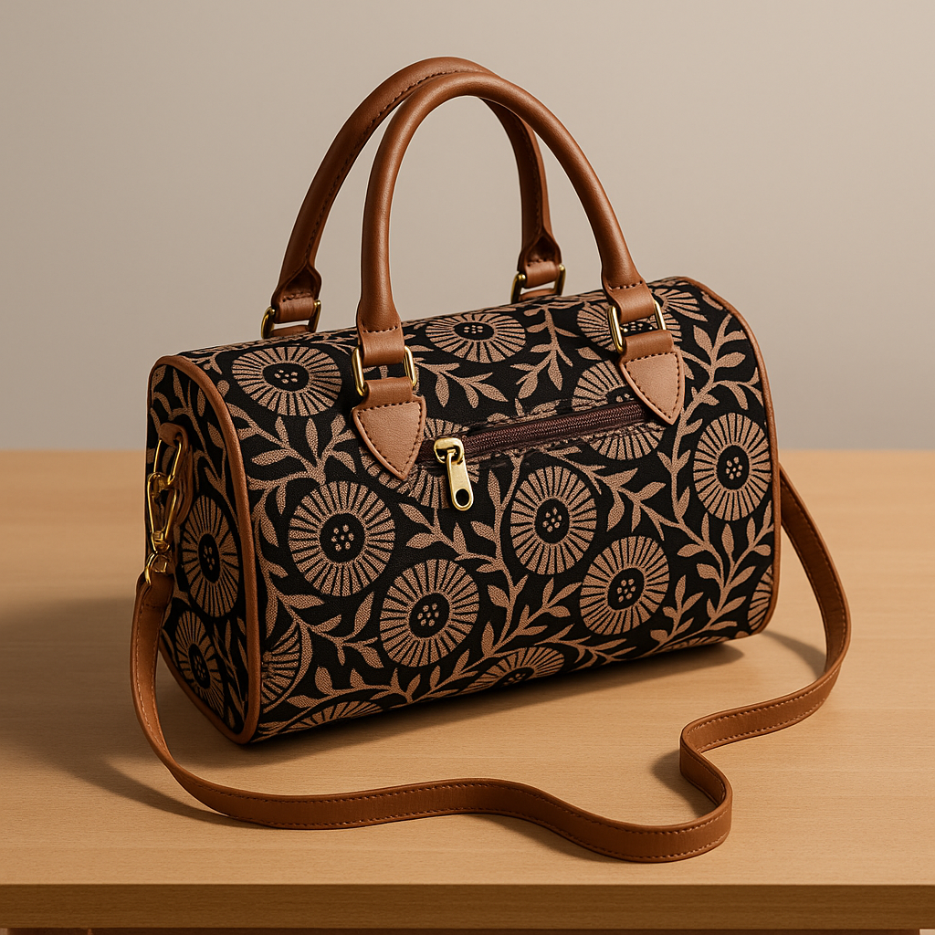 Floral Barrel Handbag with Tan Straps