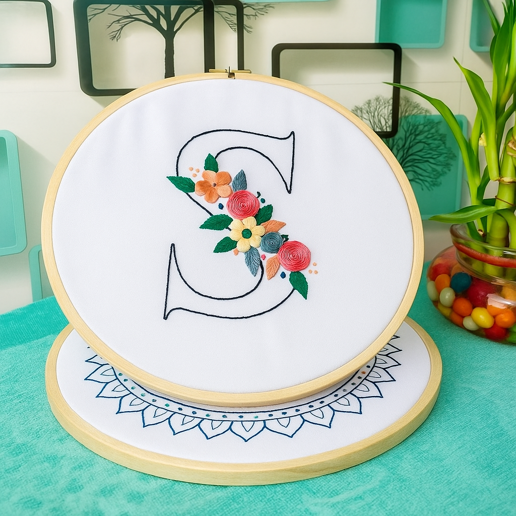Floral Monogram Embroidery Hoop – Letter S