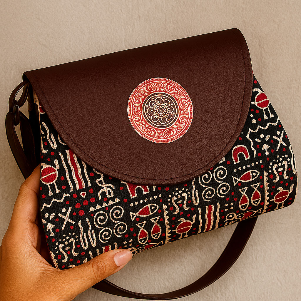 Black Tribal Flap Sling Bag – Faux Leather Elegance