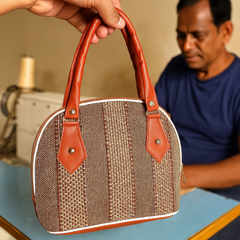 Textured Jute-Style Handbag – Tan Brown Finish
