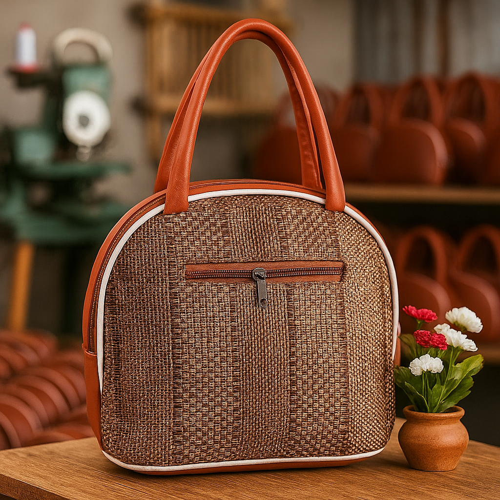 Textured Jute-Style Handbag – Tan Brown Finish