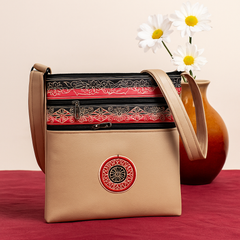 Beige Faux Leather Sling Pouch – Floral Fusion