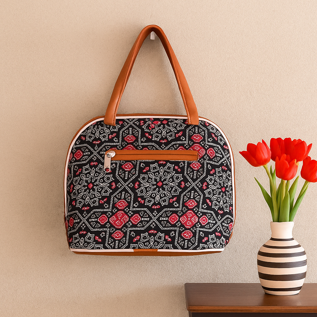 Mandala Red Print Cotton Handbag – Faux Leather Trimmed Tote