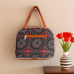 Mandala Red Print Cotton Handbag – Faux Leather Trimmed Tote