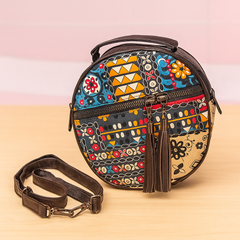 Boho Chic Round Sling Bag – Multicolor Patch & Tassels