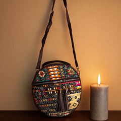 Boho Chic Round Sling Bag – Multicolor Patch & Tassels
