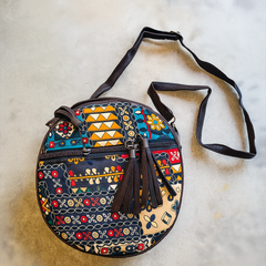Boho Chic Round Sling Bag – Multicolor Patch & Tassels