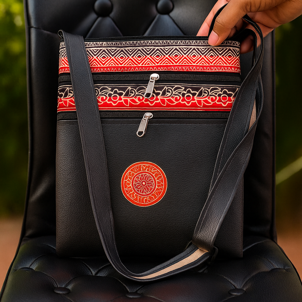 Navy Blue Faux Leather Ethnic Sling – Triple Zip Utility Bag