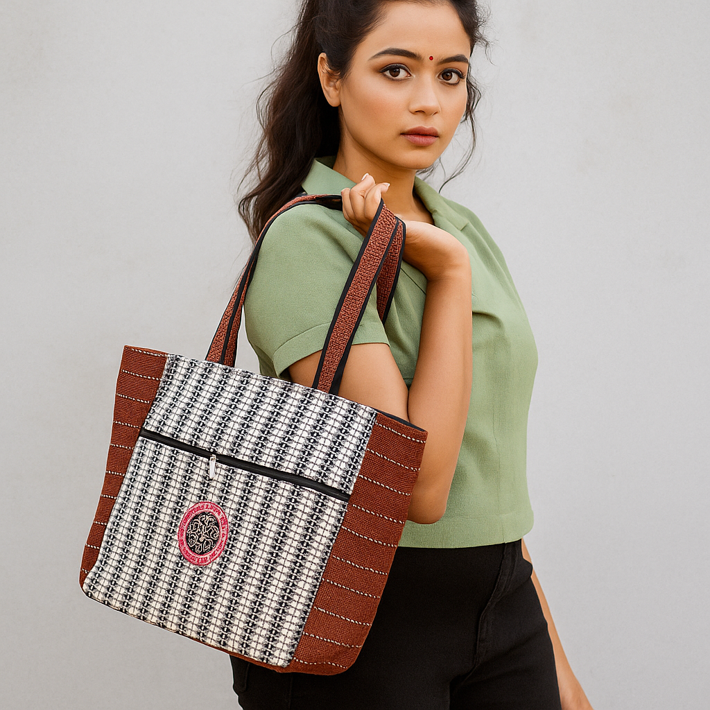 Rust Edge Handloom Tote – Elegant Black & Cream Bag