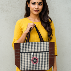 Rust Edge Handloom Tote – Elegant Black & Cream Bag