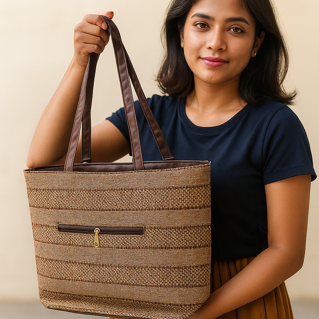 Classic Brown Handcrafted Handbag with Horizontal Weave Design