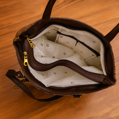 Classic Brown Handcrafted Handbag with Horizontal Weave Design
