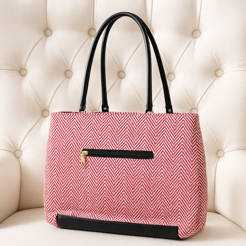 Stylish Pink Chevron Pattern Handbag with Black Accents