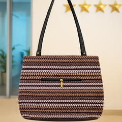 Brown Striped Jute Handbag with Black Handles and Orange Patch