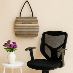 Brown Textured Jute Handbag with Black Leather Handles