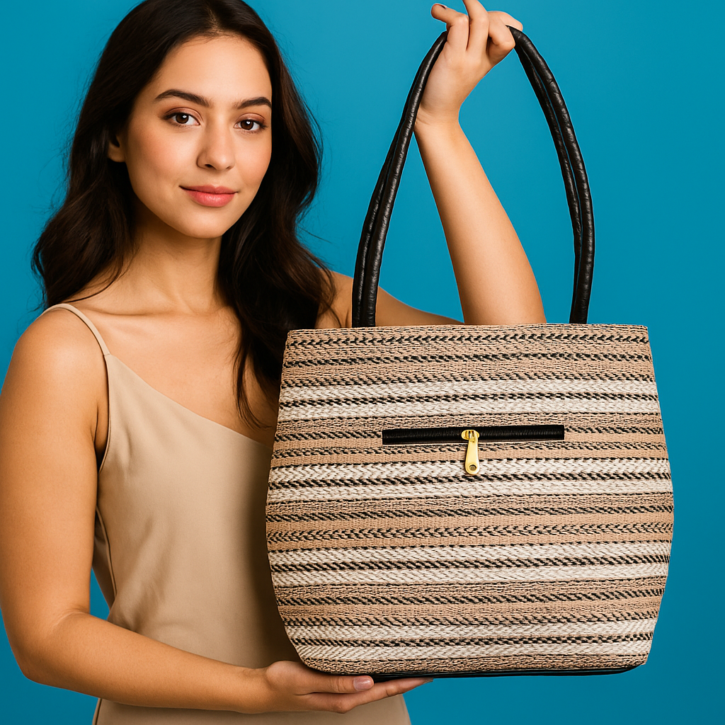 Brown Textured Jute Handbag with Black Leather Handles