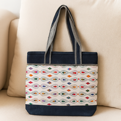Multicolor Embroidered Beige & Blue Jute Handbag