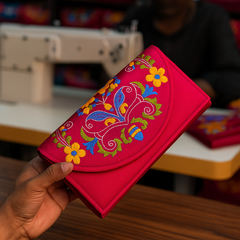 Elegant Bright Embroidered Clutch in Pink with Floral Handwork