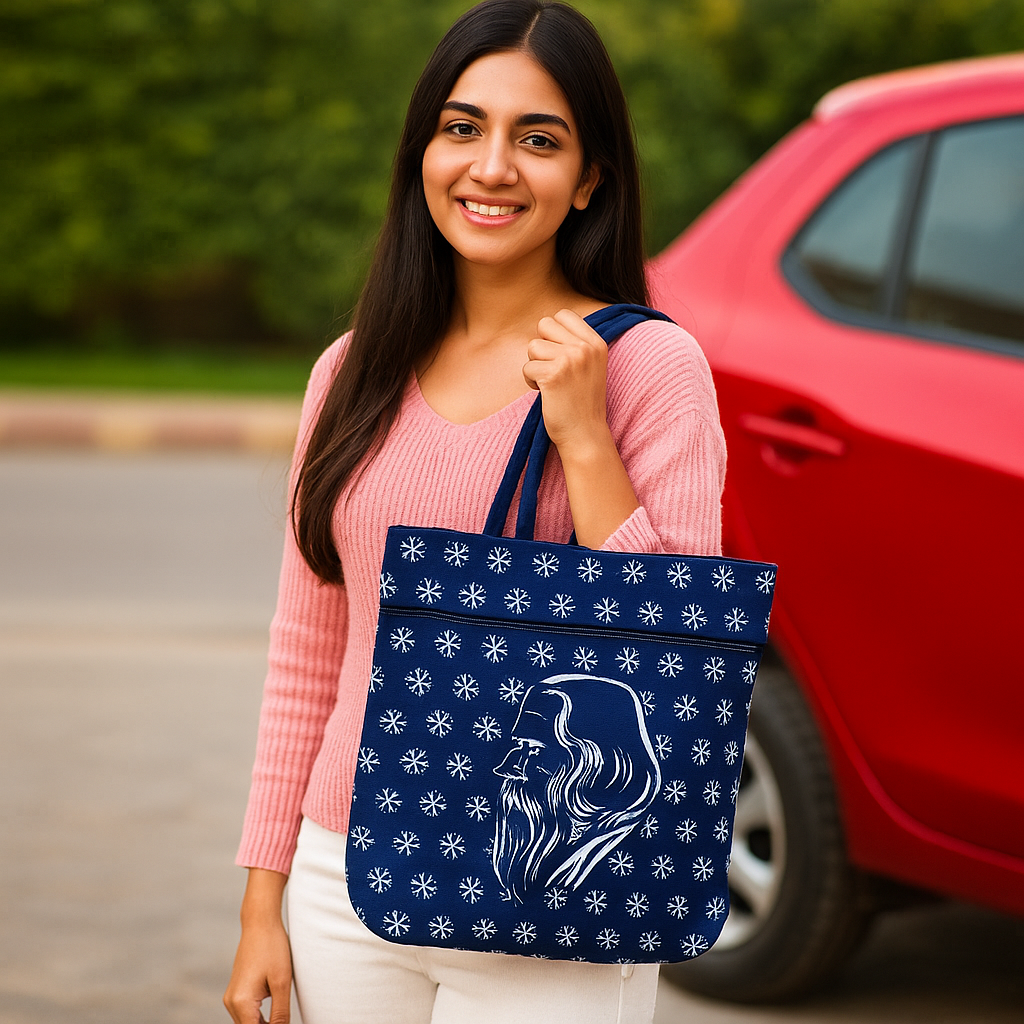 Navy Blue Handbag with Rabindranath Tagore Print & Traditional Motif