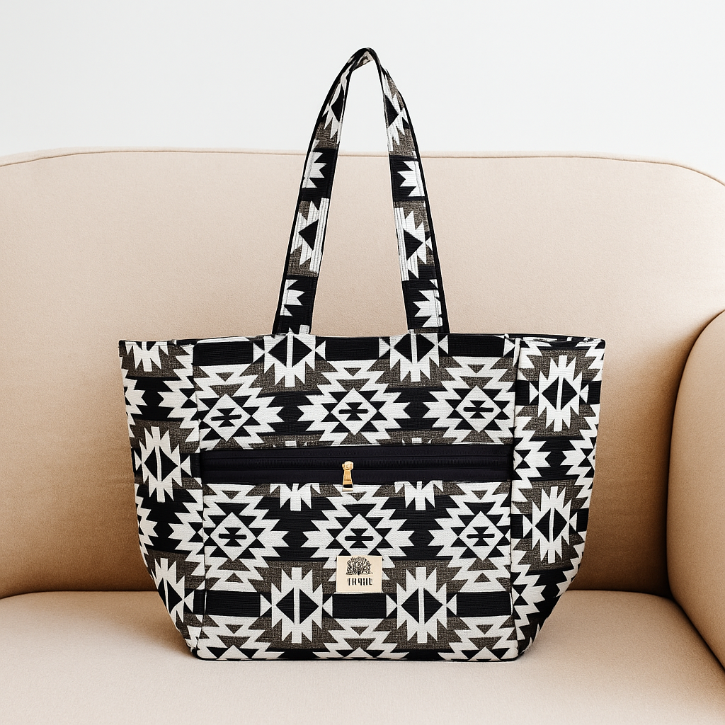 Black and White Aztec Pattern Handbag with Golden Zip Detail