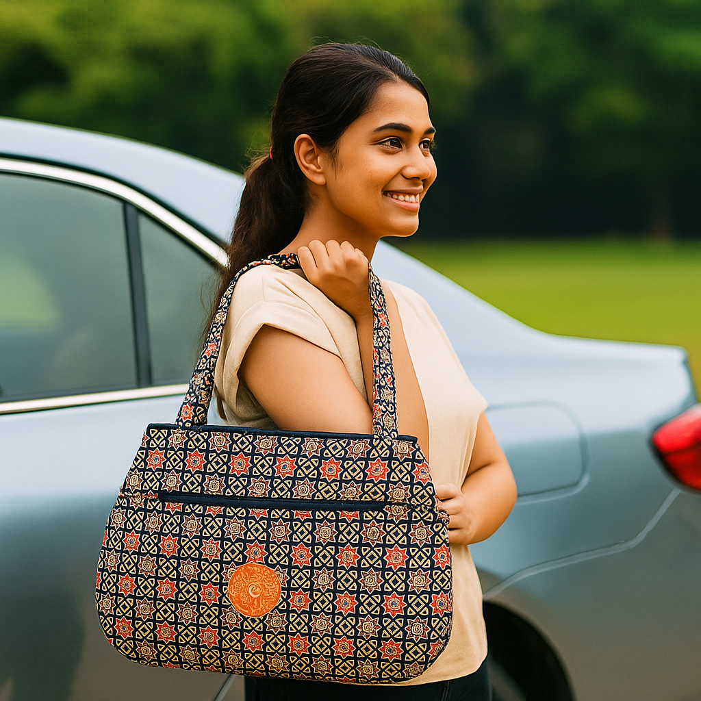 Black Jhola Bag with Multicolor Star Pattern and Orange Patch