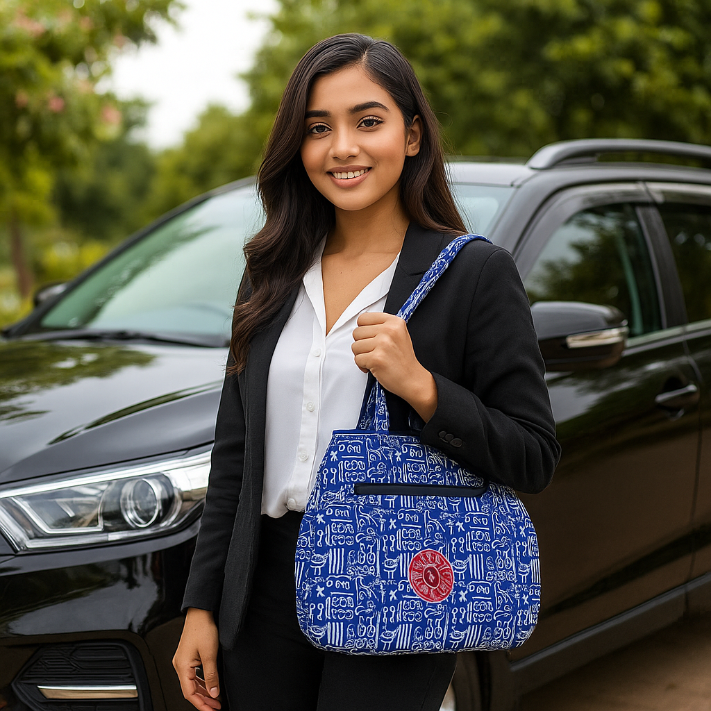 Blue Jhola Bag with Bold White Tribal Print and Red Patch