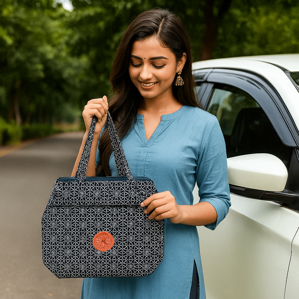 Black Jhola Bag with Geometric White Pattern and Red Patch
