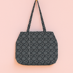 Black Jhola Bag with Geometric White Pattern and Red Patch