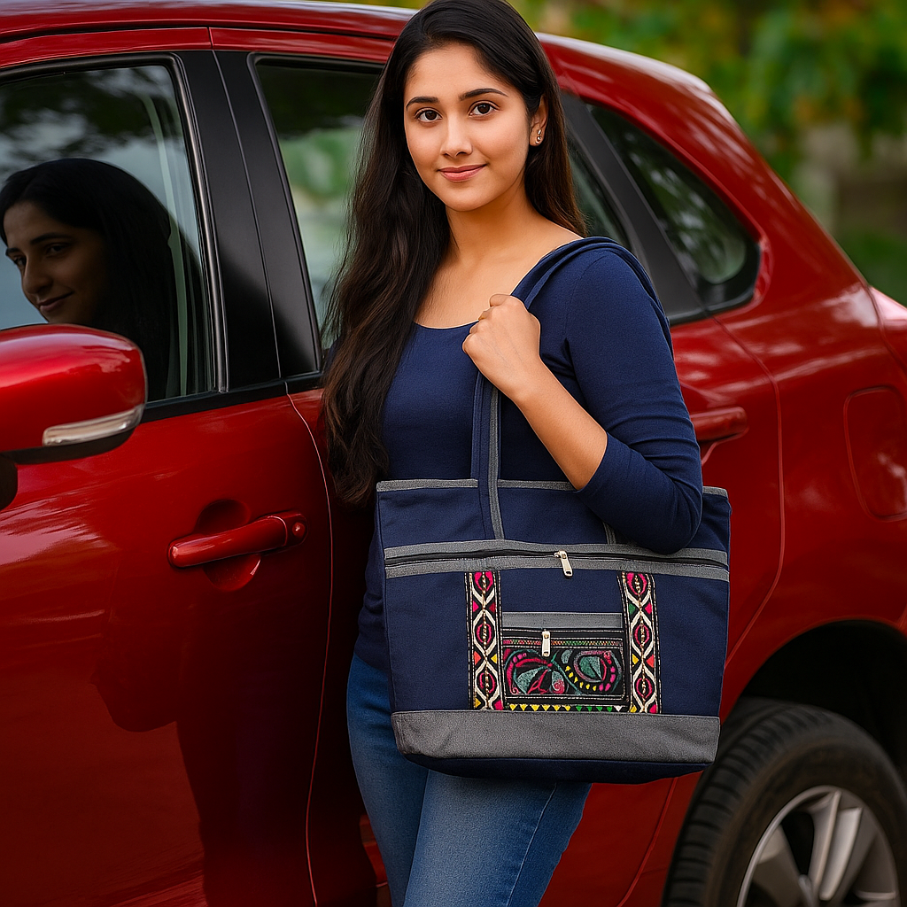 Stylish Navy Blue Handbag with Ethnic Pattern and Grey Highlights