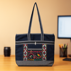 Stylish Navy Blue Handbag with Ethnic Pattern and Grey Highlights