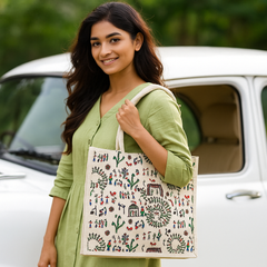 Khadi Handbag with Multicolor Tribal Art Print