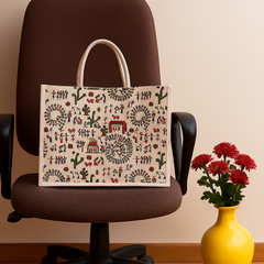 Khadi Handbag with Multicolor Tribal Art Print