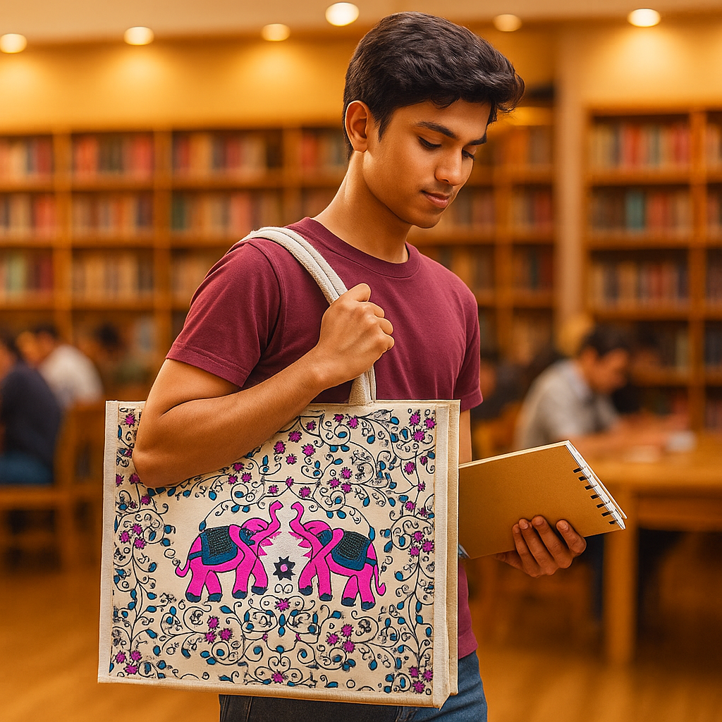 Pink Elephant Block Print Canvas Bag