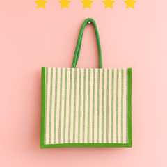 Green Striped Jute Tote Bag with Artistic Face Design