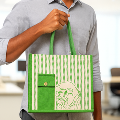 Green Striped Jute Tote Bag with Artistic Face Design